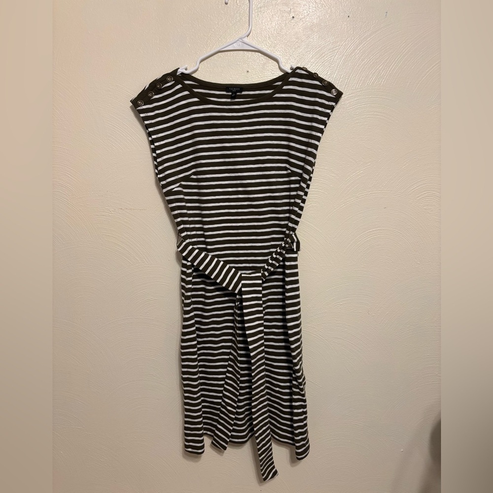 Talbots Petite Brown White Striped Cotton Tie Waist Dress Button Shoulder P